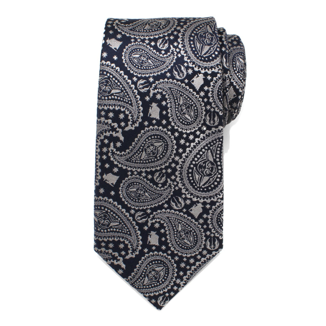 Star Wars Yoda Navy Paisley Tie in navy blue silk featuring a repeating paisley pattern interspersed with character icons.