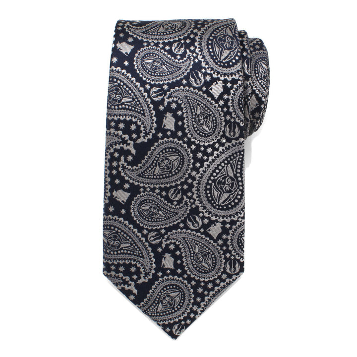 Star Wars Yoda Navy Paisley Tie in navy blue silk featuring a repeating paisley pattern interspersed with character icons.