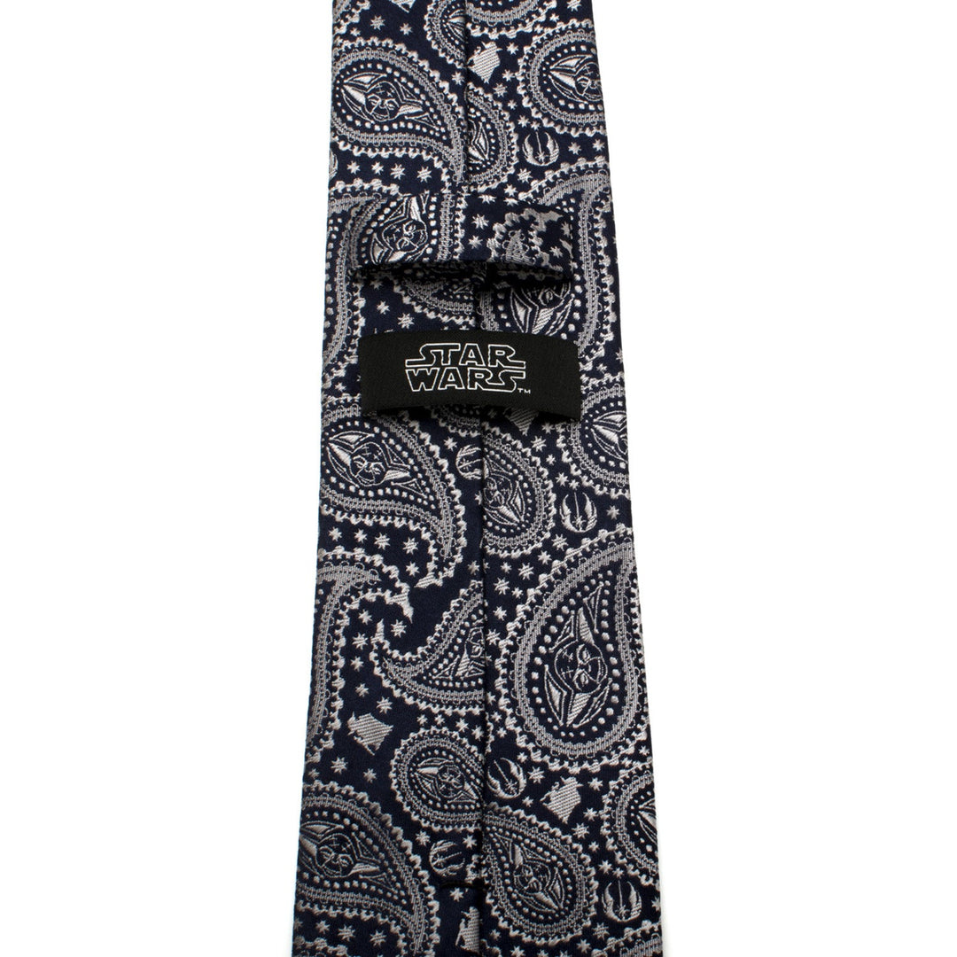 Star Wars Yoda Navy Paisley Tie in navy blue with a white paisley pattern, Yoda silhouettes, Star Wars logos, and a branded label on the back.
