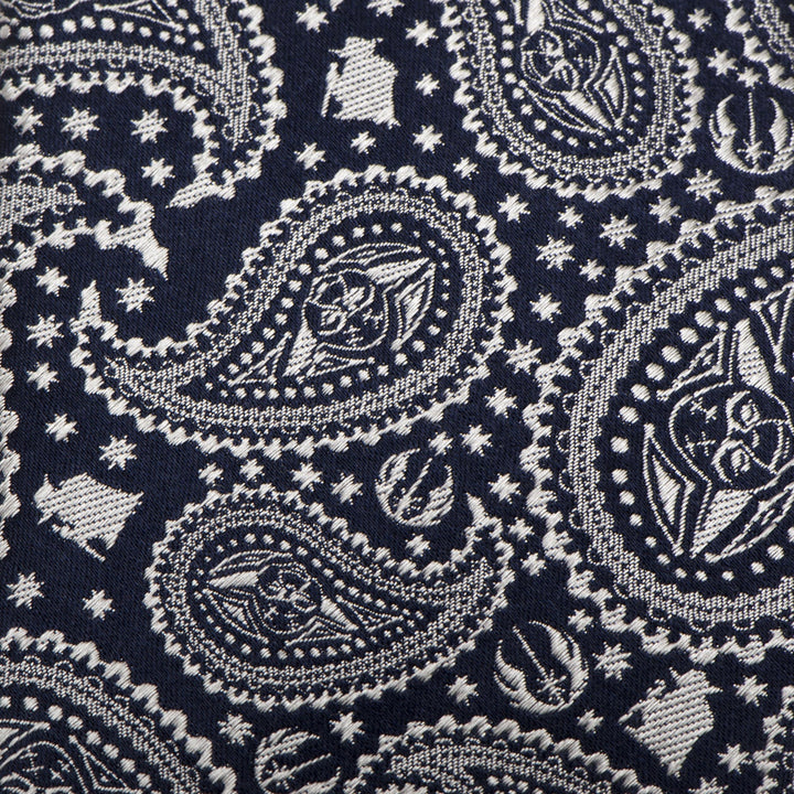 Star Wars Yoda Navy Paisley Tie in navy blue fabric featuring a white paisley pattern with hidden Yoda silhouettes and Jedi symbols.