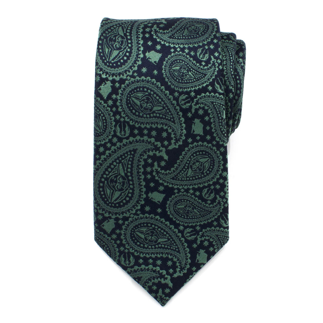 Star Wars Yoda Green and Blue Paisley Tie, a dark green silk slim tie with a repeating paisley pattern featuring Yoda and Rebel Alliance symbols.