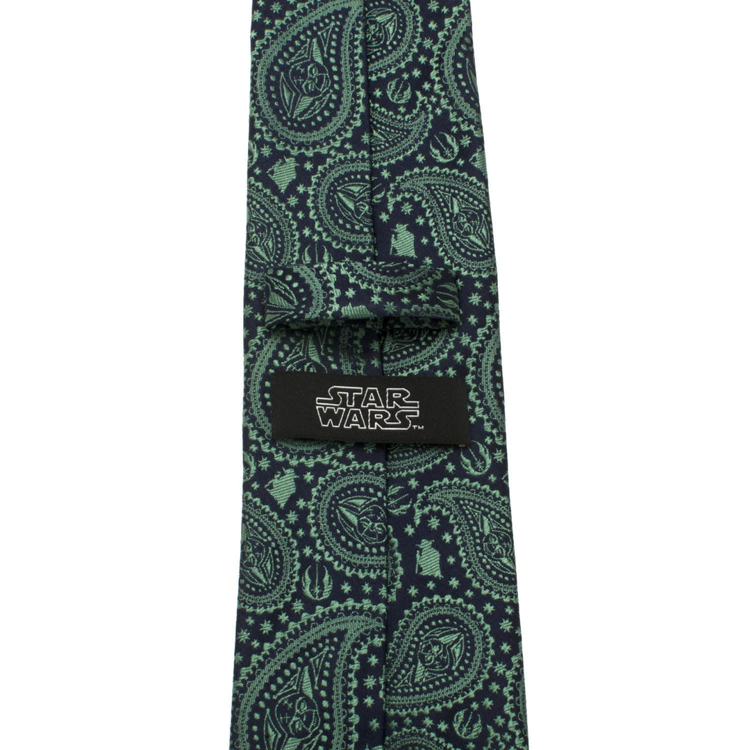 Star Wars Yoda Green and Blue Paisley Tie in dark green silk, featuring a paisley pattern with Yoda silhouettes and a Star Wars logo tag.