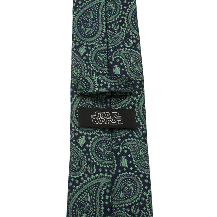 Star Wars Yoda Green and Blue Paisley Tie in dark green silk, featuring a paisley pattern with Yoda silhouettes and a Star Wars logo tag.