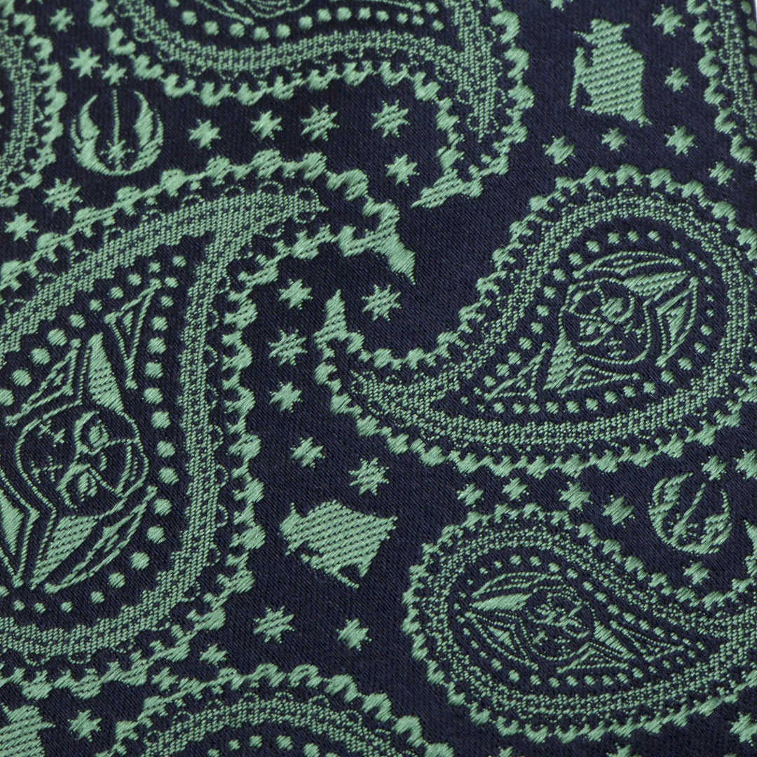 Star Wars Yoda Green and Blue Paisley Tie in dark blue, featuring a green paisley pattern integrated with Yoda silhouettes and Rebel Alliance symbols.
