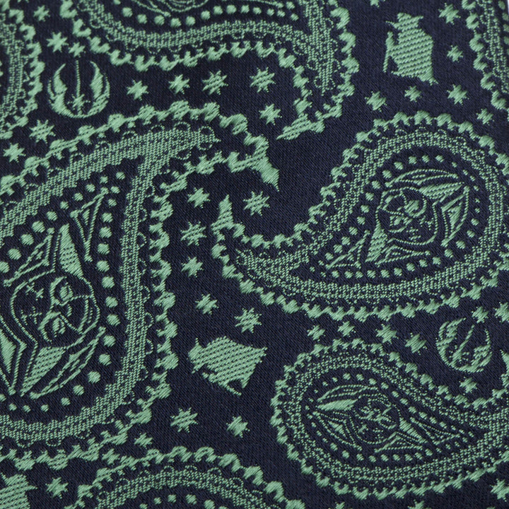Star Wars Yoda Green and Blue Paisley Tie in dark blue, featuring a green paisley pattern integrated with Yoda silhouettes and Rebel Alliance symbols.