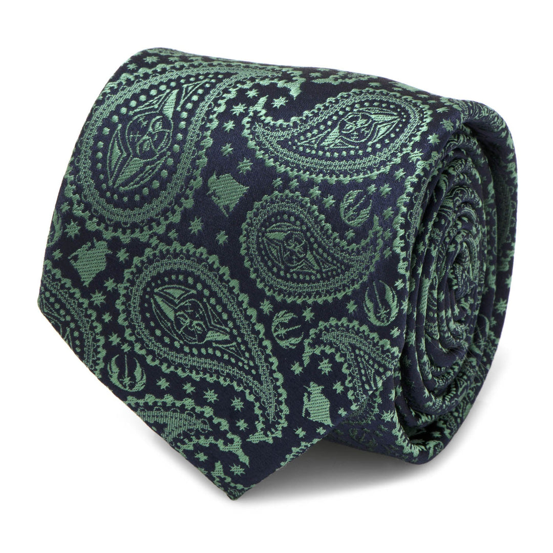A rolled-up Star Wars Yoda Green and Blue Paisley Tie in dark blue, featuring a green paisley pattern integrated with small Yoda figures and Star Wars symbols.