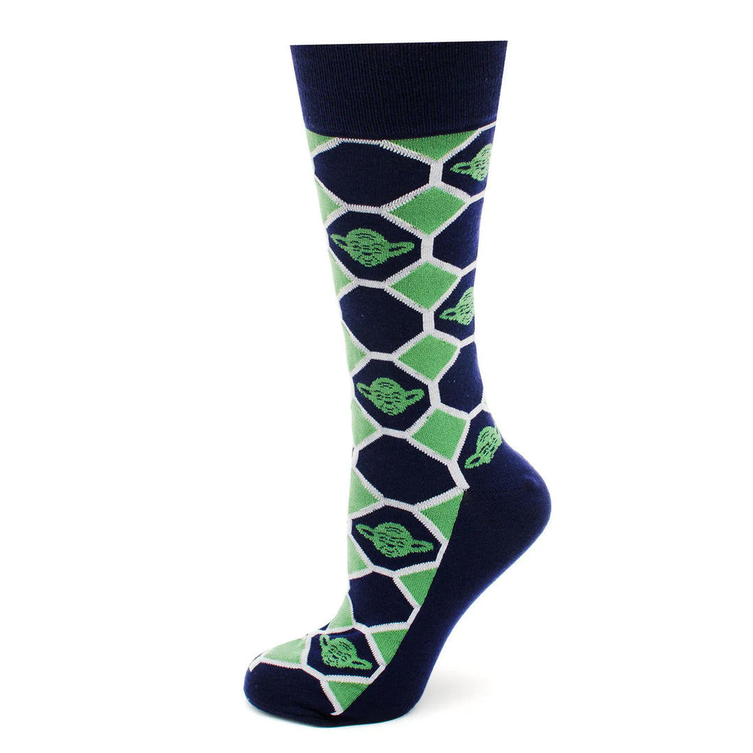Star Wars Yoda Green and Navy Checkered Dress Socks and Jedi Crest Lapel Pin Gift Set featuring navy blue and green crew socks with a repeating Yoda head pattern inside a hexagonal grid.