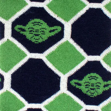 Star Wars Yoda Green and Navy Checkered Dress Socks and Jedi Crest Lapel Pin Gift Set featuring green and navy blue checkered knit fabric patterned with Yoda faces.