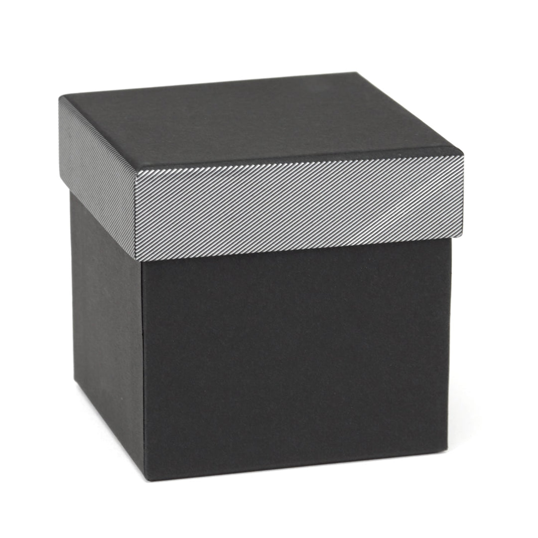 Black square gift box with a patterned silver lid containing a Disney Mickey Mouse Damask Pocket Square and Bow Tie Gift Set.