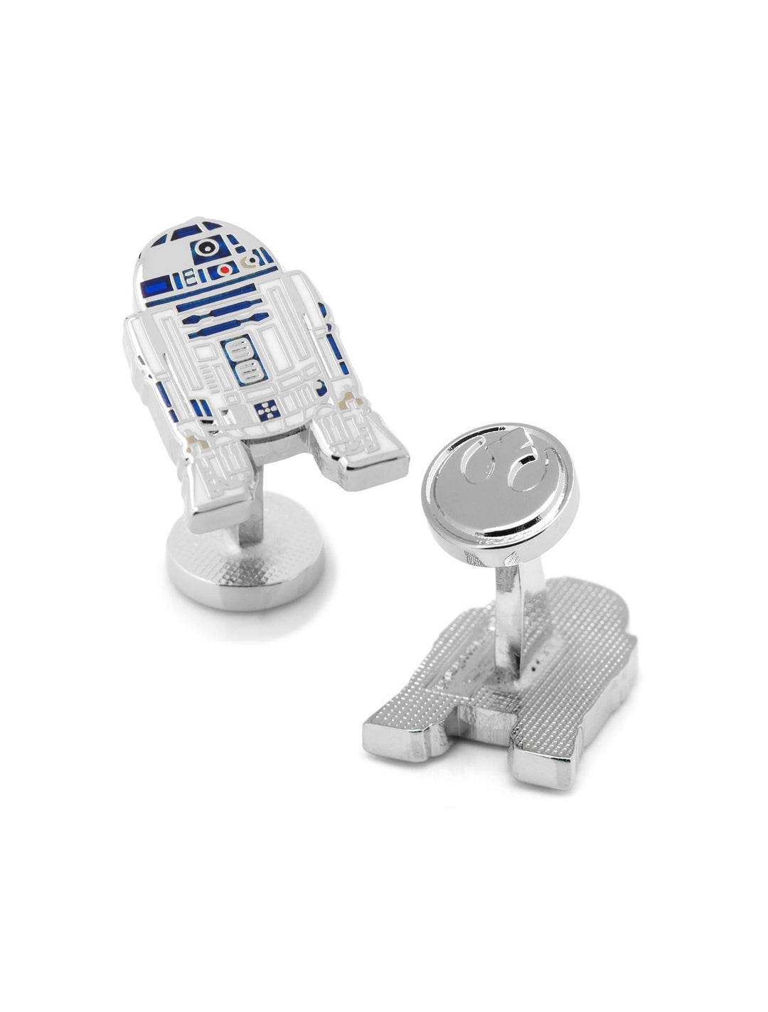 Star Wars R2-D2 Cufflinks featuring a silver-tone R2-D2 figure with blue and white details and a circular stud embossed with the Rebel Alliance symbol.