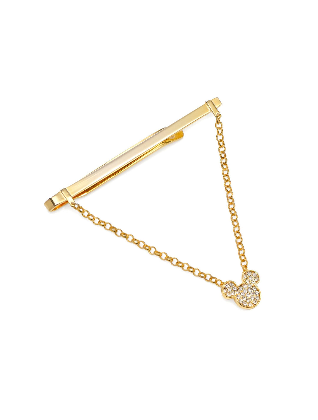 Disney Mickey Mouse Gold Crystal Chain Tie Bar featuring a gold-toned vintage style tie bar with a hanging chain attached to a crystal-covered Mickey Mouse icon.
