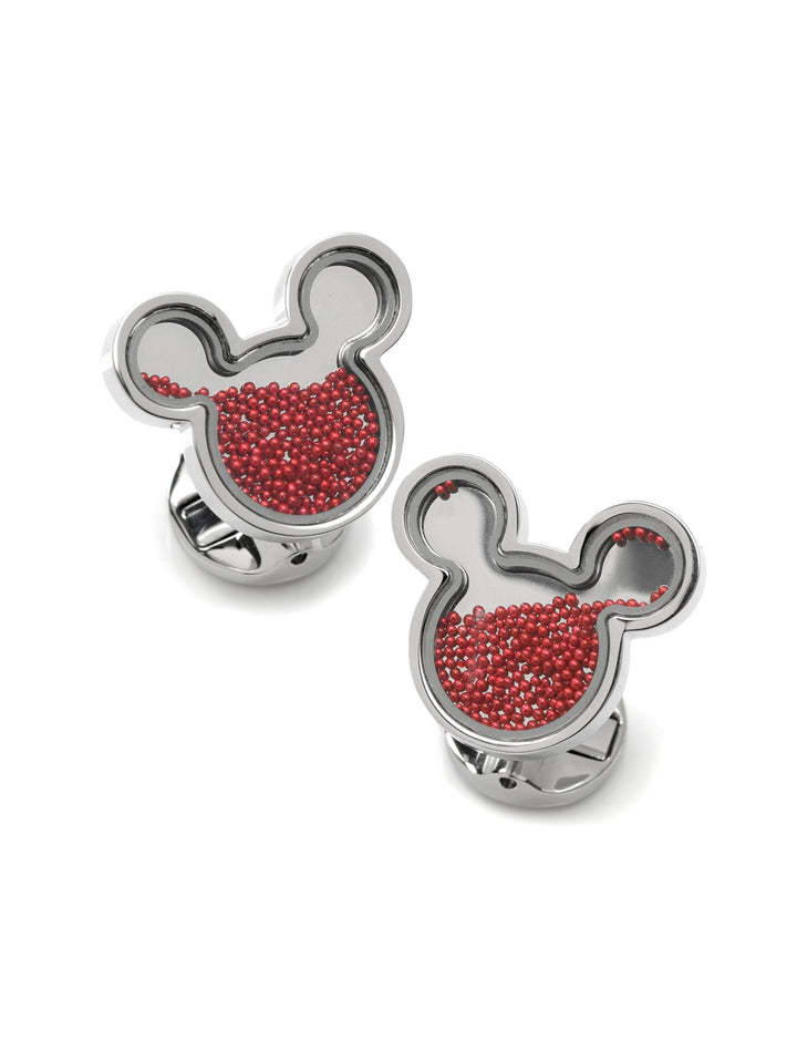 Disney Mickey Mouse Silhouette Red Caviar Bead Cufflinks in silver-tone, featuring a clear casing filled with loose red caviar beads.