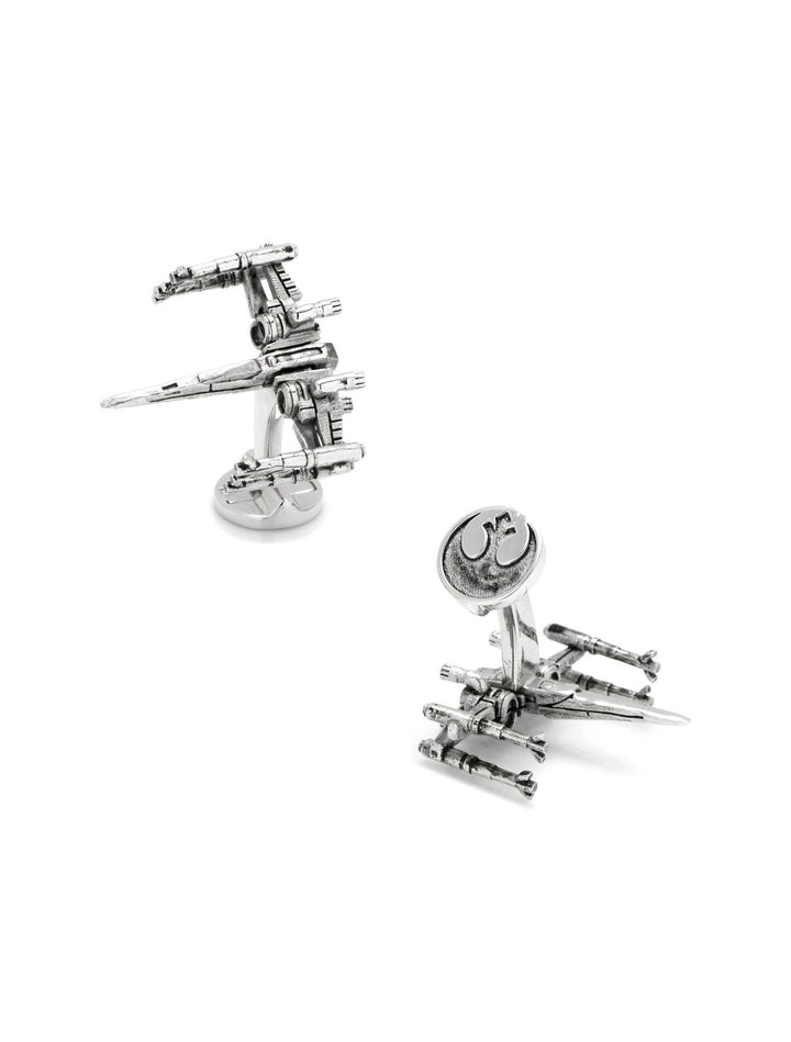 Star Wars X-Wing 3D Cufflinks, one showing wing detail and the other the circular Rebel Alliance insignia.