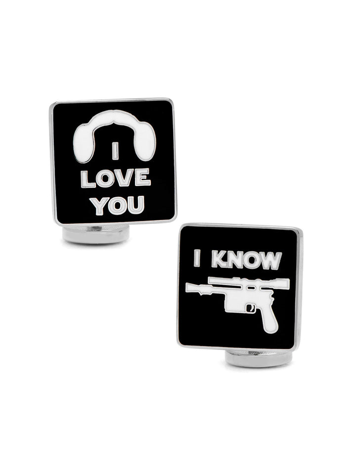 Star Wars Princess Leia and Han Solo “I Love You / I Know” Icon Cufflinks are two square metal cufflinks with black faces; one shows Leia’s hair with “I LOVE YOU,” the other a blaster with “I KNOW.”