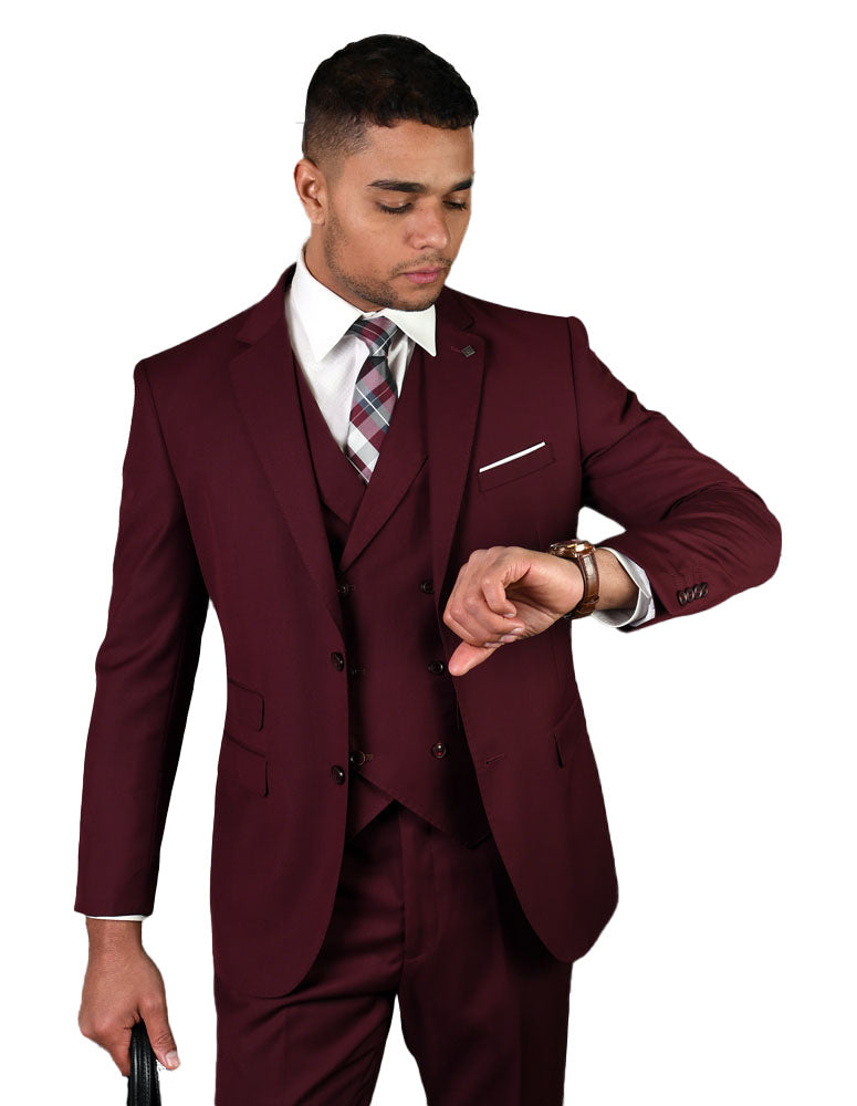 Statement Mens Burgundy Modern Fit 100% Wool Vested Suit – Karako Suits