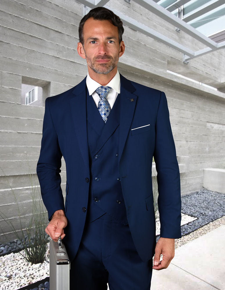 Statement Mens Sapphire Blue Modern Fit 100% Wool Vested Suit – Karako ...