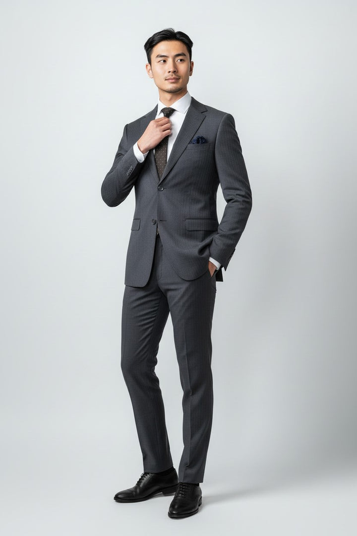 A man in the Douglas Grahame Men’s Grey Double Stripe Wool Slim Fit Suit with a crisp white shirt and tie stands against a plain background, adjusting his tie and posing with one hand in his pocket—an ideal choice for those searching for sophisticated prom suits or the perfect wedding suit for men.