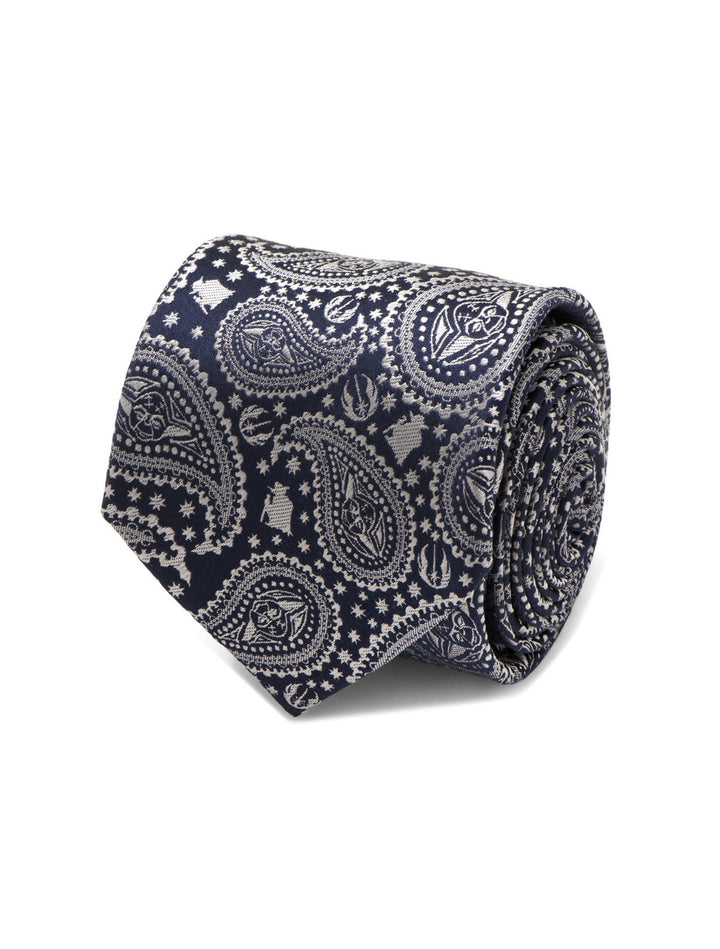 Star Wars Yoda Navy Paisley Tie in navy blue with a white paisley pattern featuring Yoda and Rebel Alliance symbols.