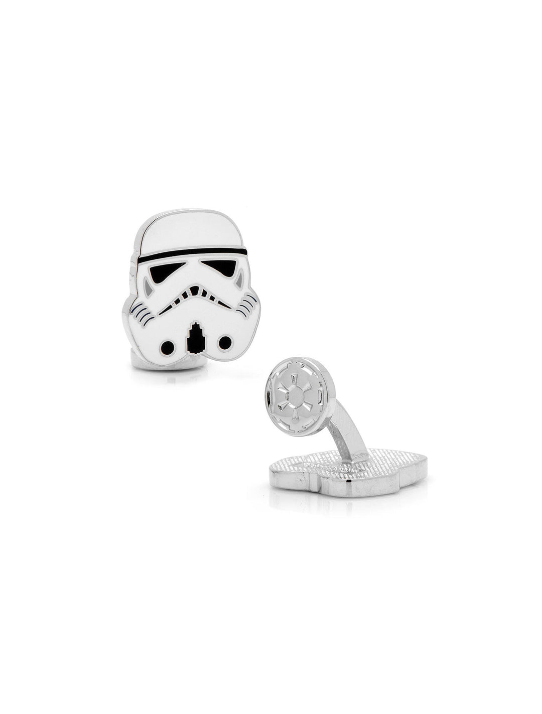 A pair of Star Wars Stormtrooper - Cufflinks made of silver with white helmet faces and black detailing.