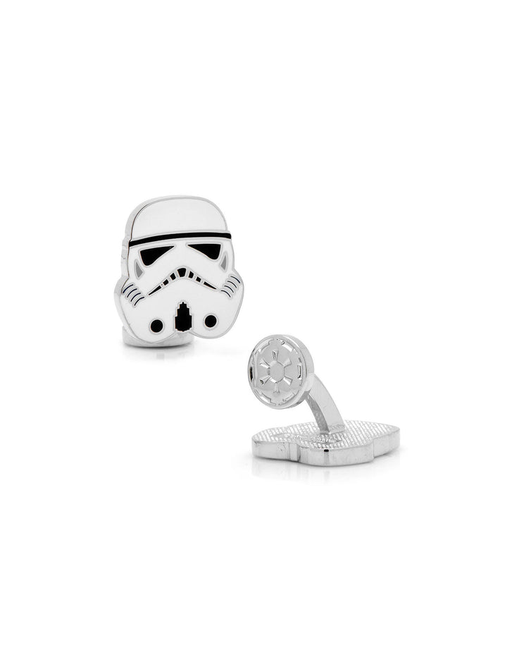 A pair of Star Wars Stormtrooper - Cufflinks made of silver with white helmet faces and black detailing.