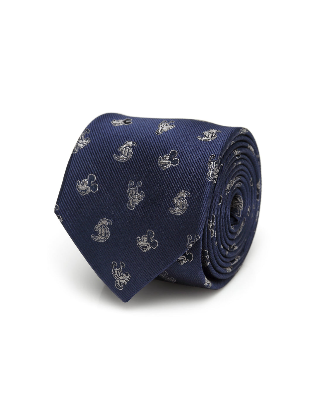A Disney Mickey Mouse Navy Paisley Men’s Tie rolled into a coil, featuring a navy blue background with a paisley pattern of small gray character silhouettes.