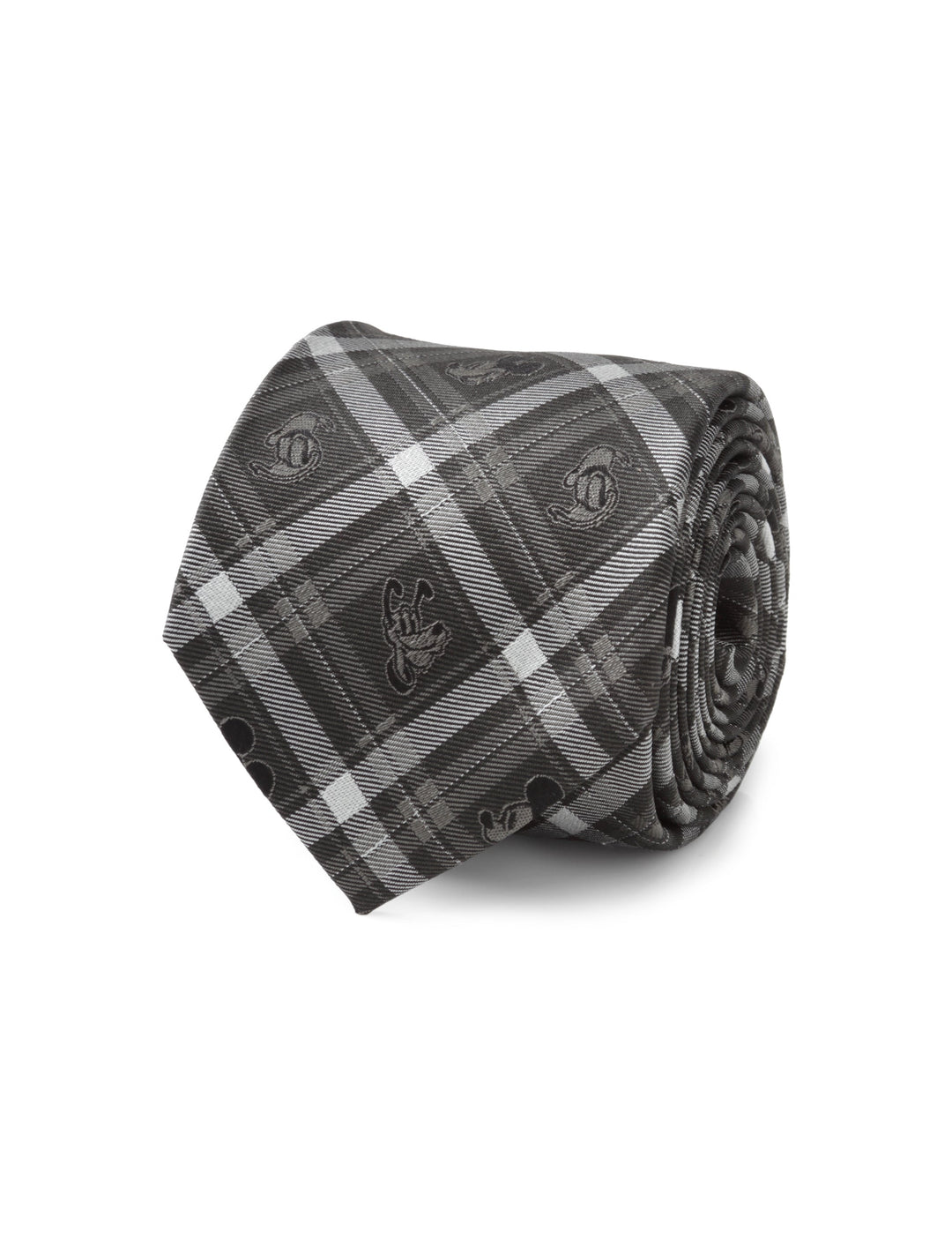 Rolled Disney Mickey and Friends Charcoal Plaid Men’s Tie in a grayscale plaid pattern featuring small Mickey Mouse silhouettes.
