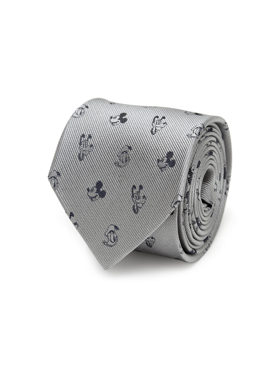 Disney Mickey and Friends Gray Men’s Tie in gray silk with a repeating pattern of small Mickey Mouse icons.