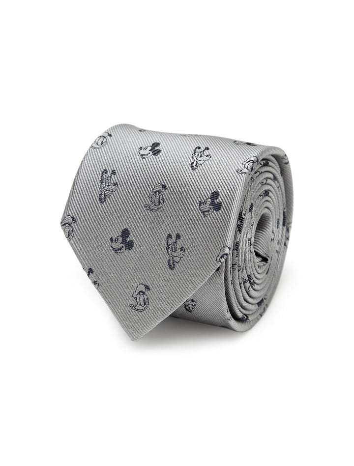 Disney Mickey and Friends Gray Men’s Tie in gray silk with a repeating pattern of small Mickey Mouse icons.