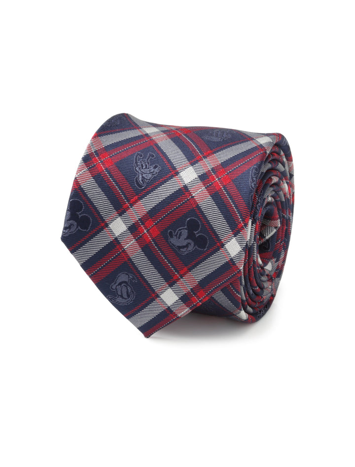 A rolled Disney Mickey and Friends Navy Plaid Men’s Tie in a red, navy, and white plaid pattern featuring small, repeating Mickey Mouse head icons.