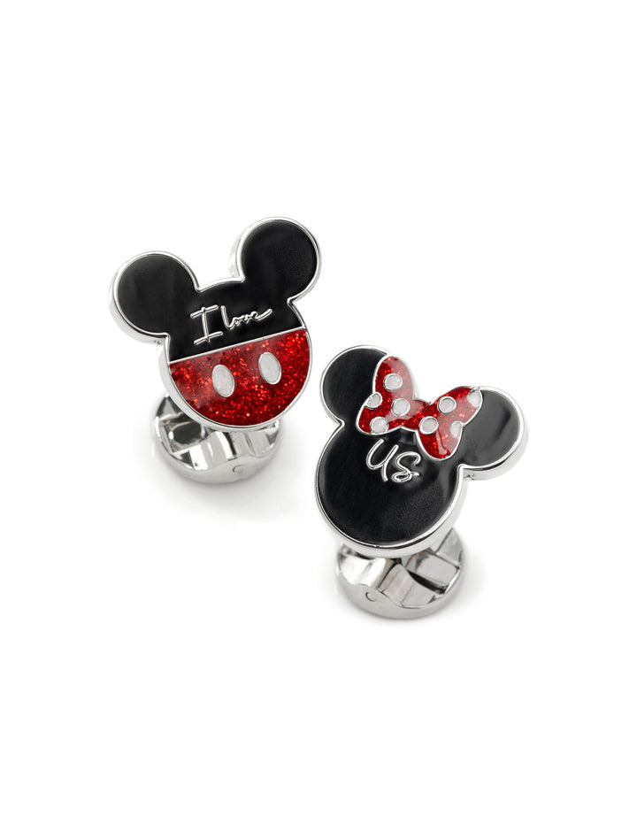Disney Mickey and Minnie Mouse “I Love Us” Cufflinks shaped like Mickey Mouse heads; one features a red glittery base with “I Love” in script, the other a red glittery bow with “Us” in script.