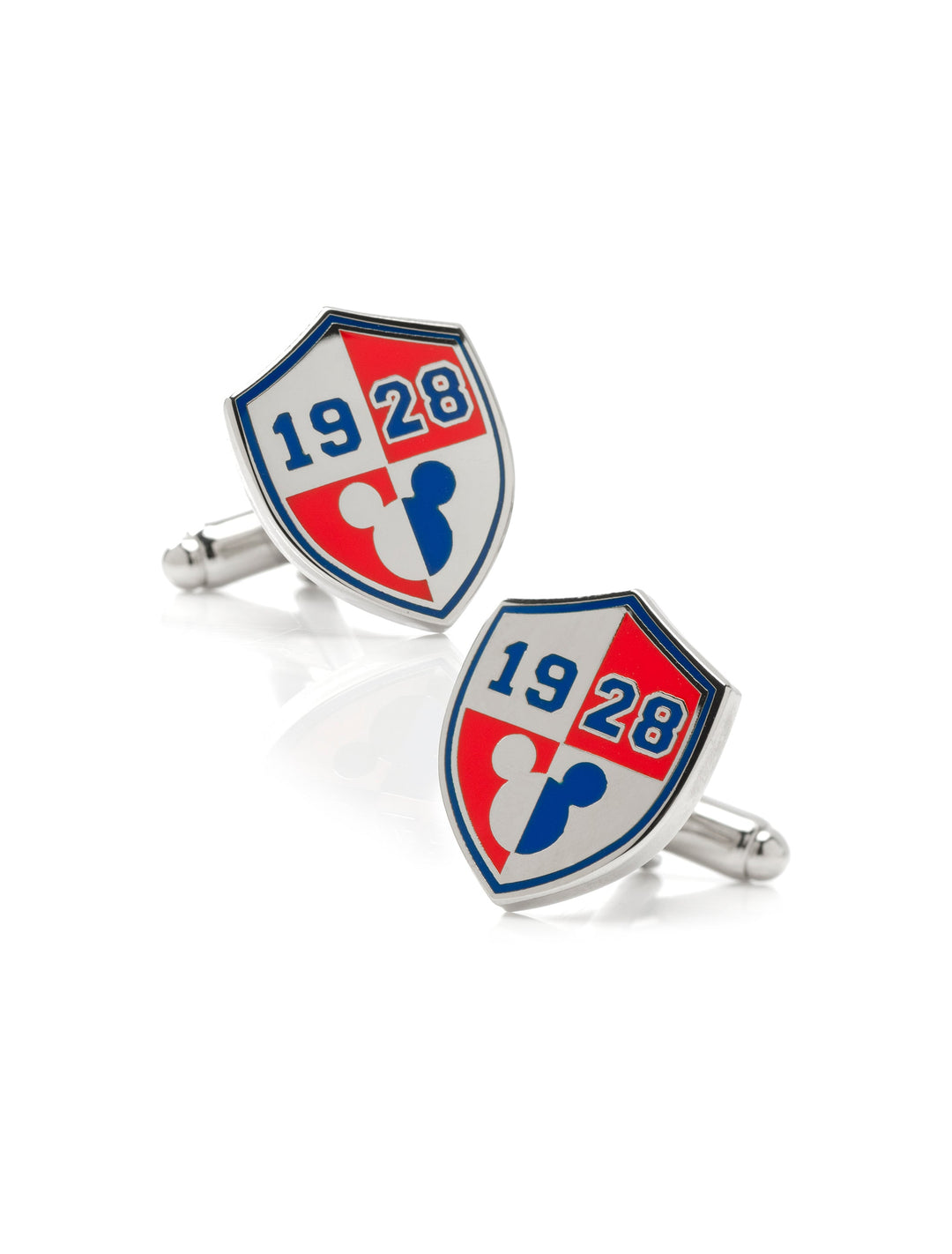 Disney Mickey Mouse 1928 Cufflinks featuring a shield-shaped design with a red, white, and blue Mickey Mouse silhouette.