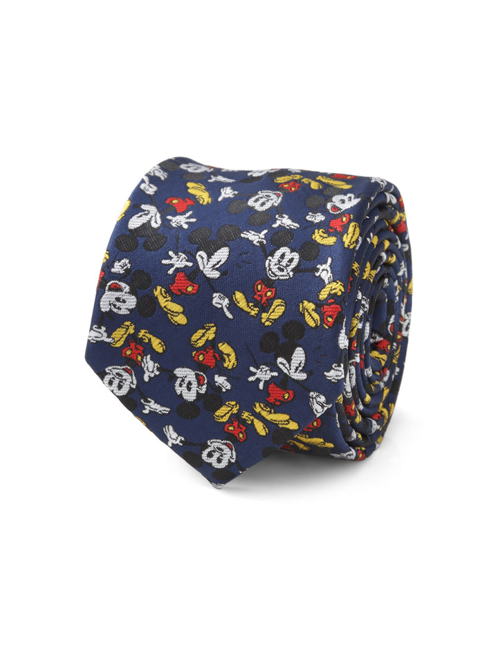A navy blue Disney Mickey Mouse Action Navy Men’s Tie featuring an all-over print of the cartoon mouse in various poses.