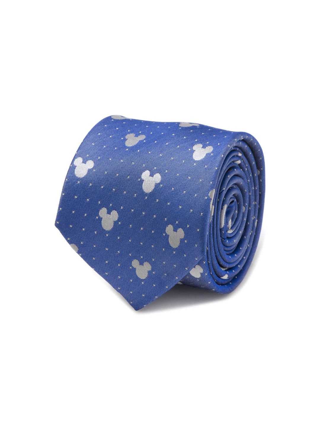 A Disney Mickey Mouse Blue Pin Dot Men’s Tie in blue silk, rolled into a coil and patterned with small white polka dots and silver Mickey Mouse head silhouettes.