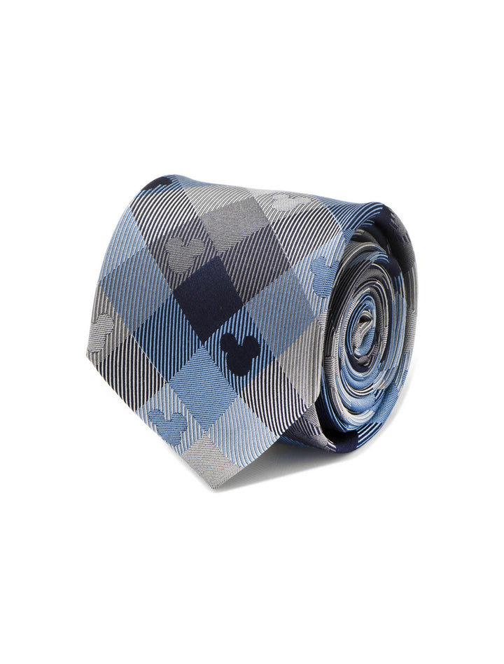 Rolled Disney Mickey Mouse Blue Plaid Mens Tie in a blue, grey, and white plaid pattern featuring small Mickey Mouse silhouettes.