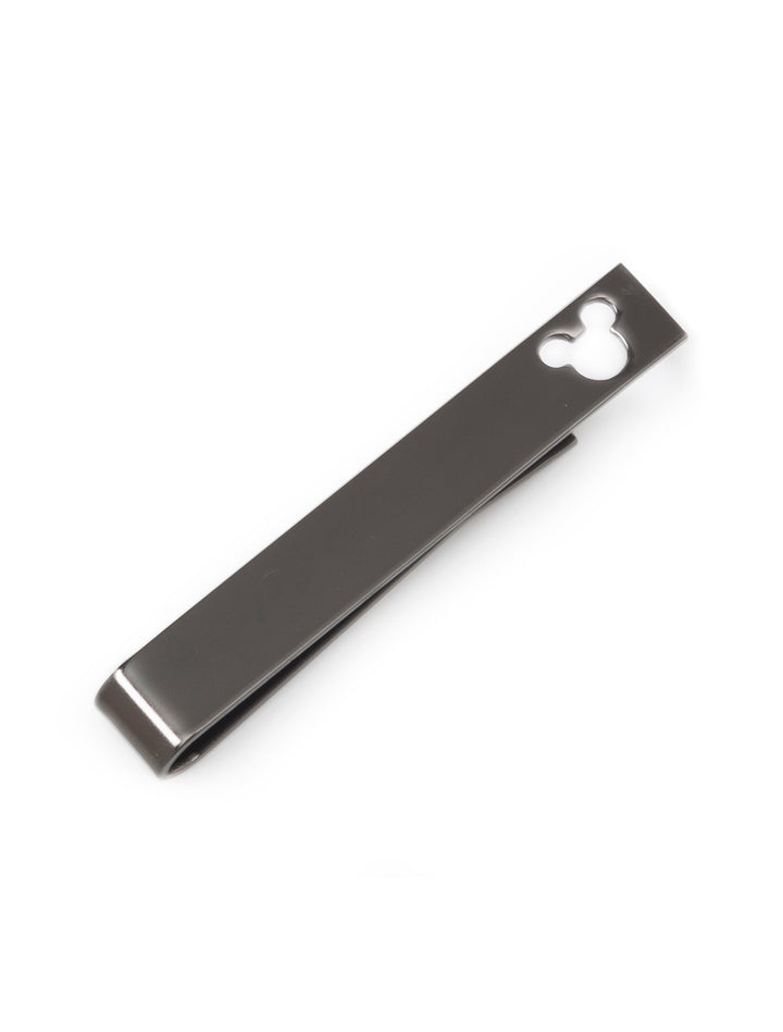 Disney Mickey Mouse Cutout Black Tie Bar in a gunmetal tone, featuring a cutout of a mouse head silhouette at one end.