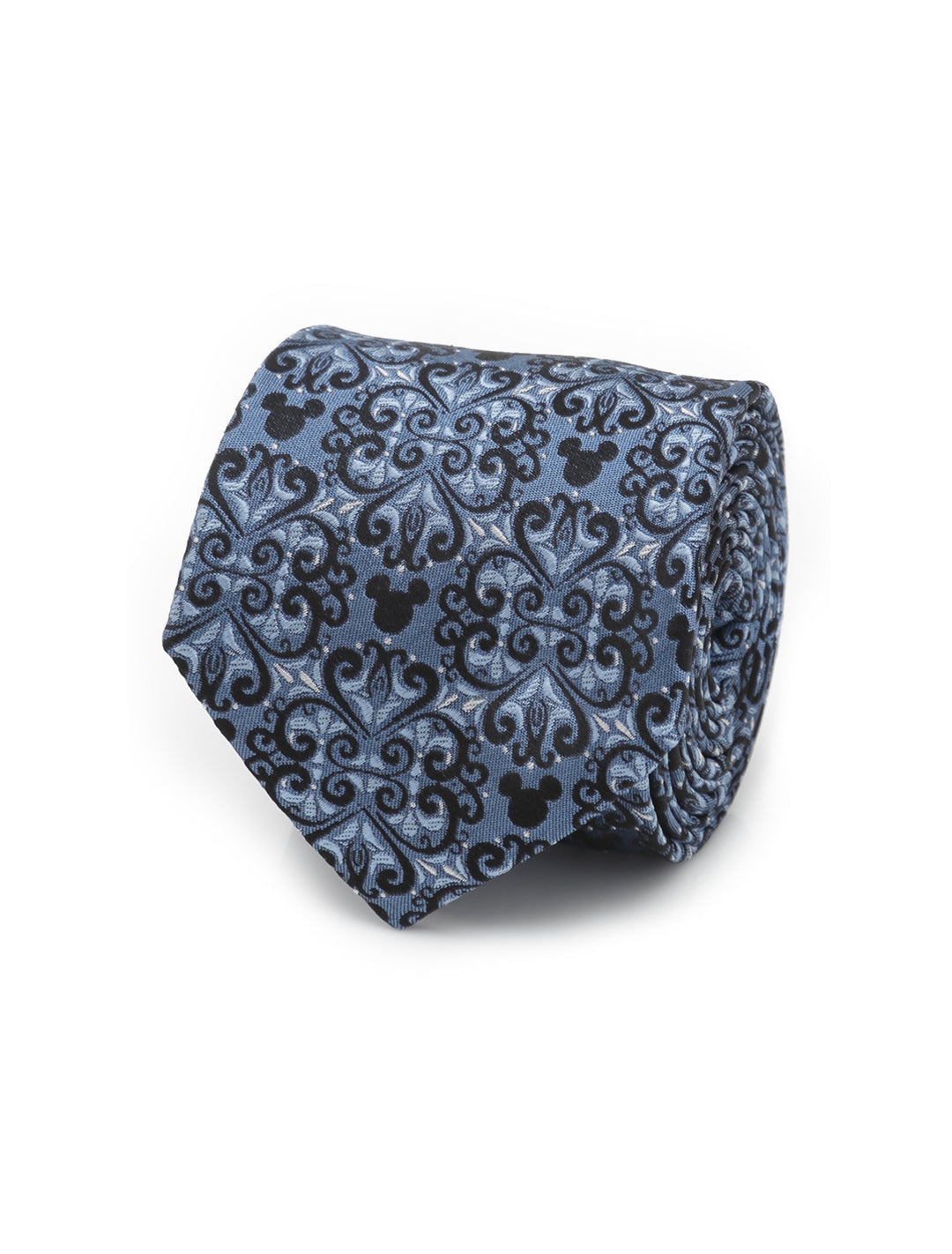 A Disney Mickey Mouse Damask Tile Blue Men’s Tie in blue silk rolled into a coil, featuring a black damask pattern interspersed with Mickey Mouse silhouettes.