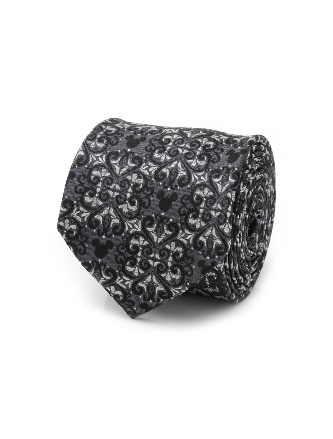 A rolled Disney Mickey Mouse Damask Tile Men’s Tie in a black and grey damask pattern featuring subtle character silhouettes.