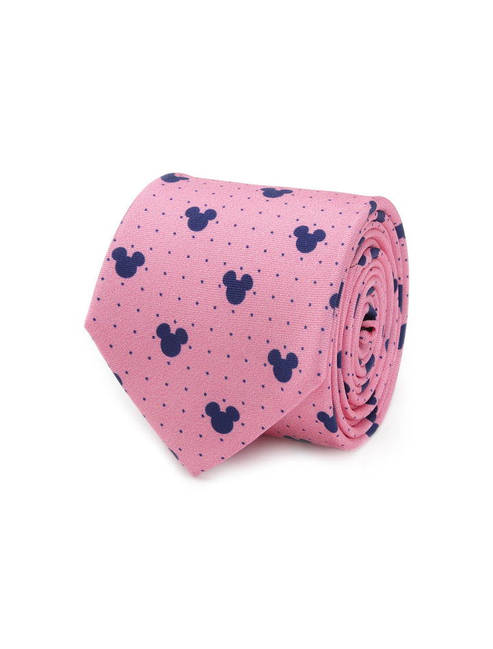 Disney Mickey Mouse Dot Pink Men’s Tie rolled and patterned with navy blue silhouettes and small dots.