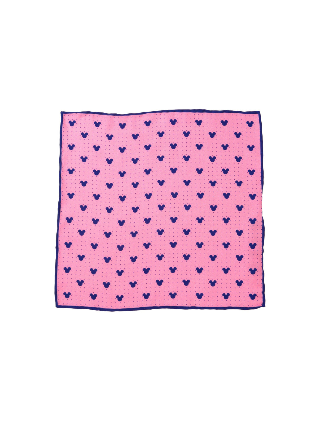 Disney Mickey Mouse Dot Pink Pocket Square featuring a repeating dark blue Mickey Mouse silhouette pattern and a dark blue border.