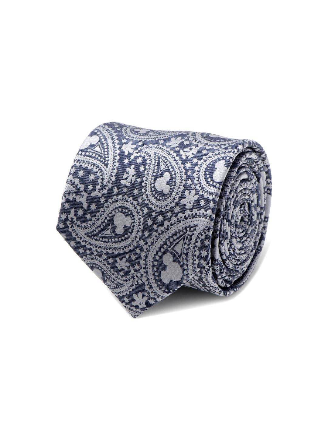 Disney Mickey Mouse Gray Paisley Mens Tie featuring a gray paisley pattern with small Mickey Mouse silhouettes.