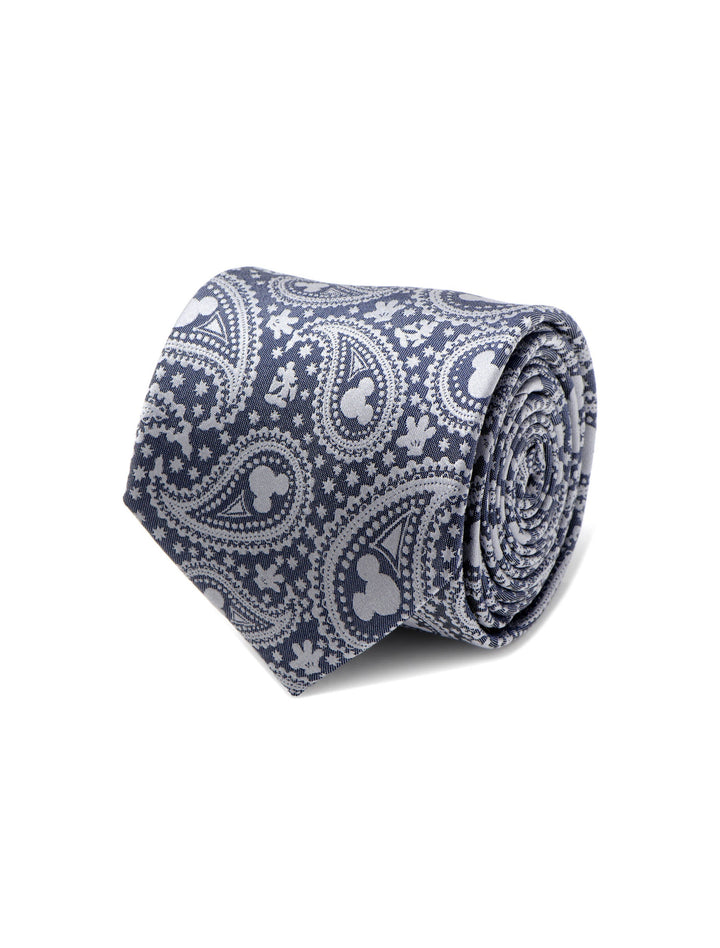 Disney Mickey Mouse Gray Paisley Mens Tie featuring a gray paisley pattern with small Mickey Mouse silhouettes.