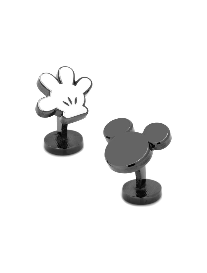 Disney Mickey Mouse Helping Hand Cufflinks featuring one black plated cartoon gloved hand and one round mouse head silhouette.
