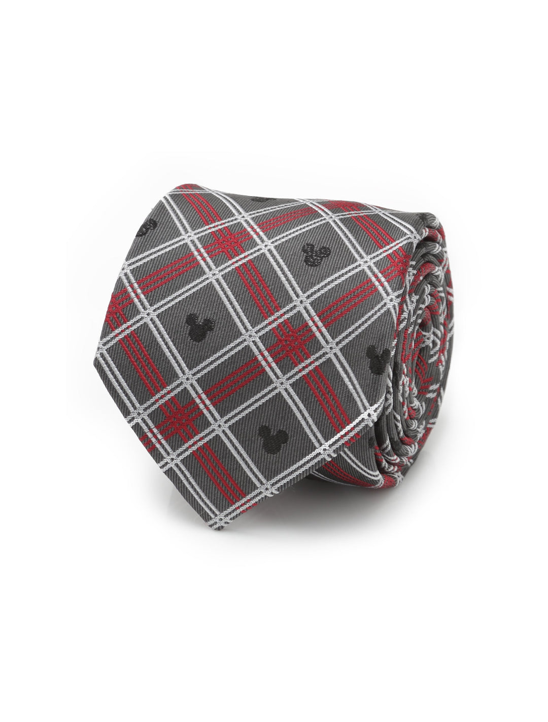 Disney Mickey Mouse Holiday Gray Plaid Silk Men’s Tie in gray featuring a red and white plaid pattern with small black icons.