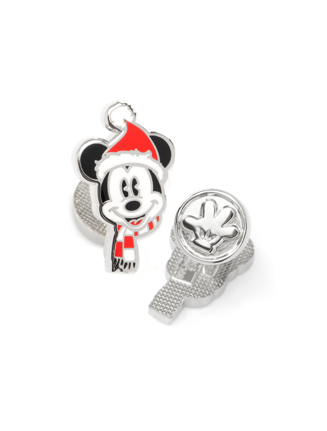 Disney Mickey Mouse Holiday Hat Cufflinks featuring one silver Mickey wearing a Santa hat and scarf, and one silver gloved hand.