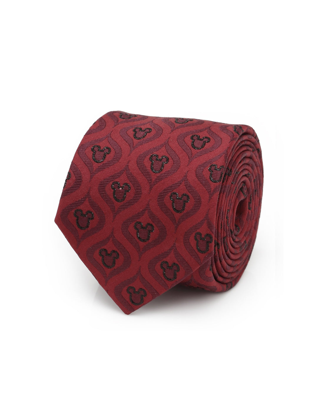 Rolled Disney Mickey Mouse Holiday Metallic Black Silk Men’s Tie featuring a repeating pattern of dark silhouettes and wavy lines.