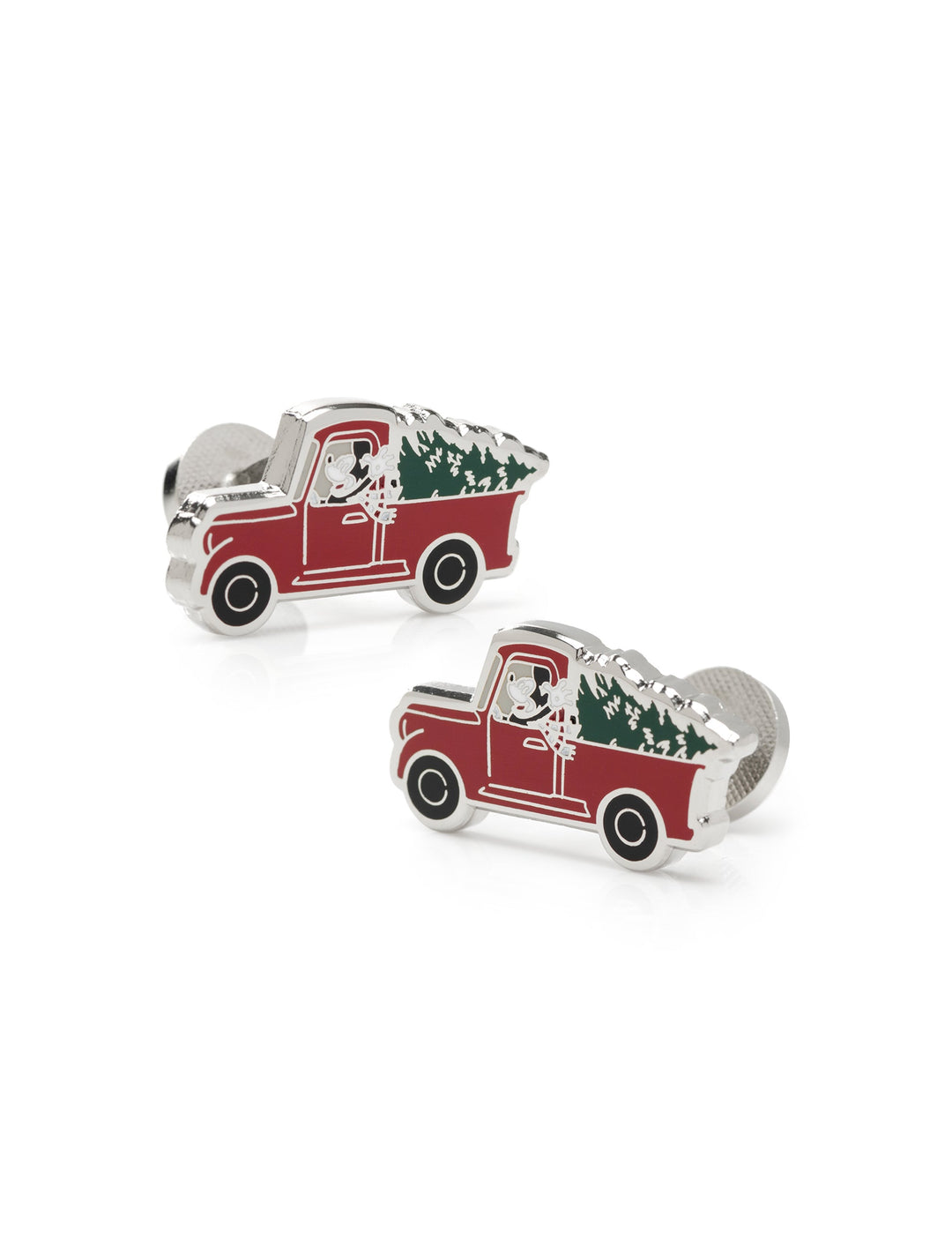 Disney Mickey Mouse Holiday Truck Cufflinks featuring a silver pair shaped like red trucks carrying a Christmas tree with a character in the driver’s seat.