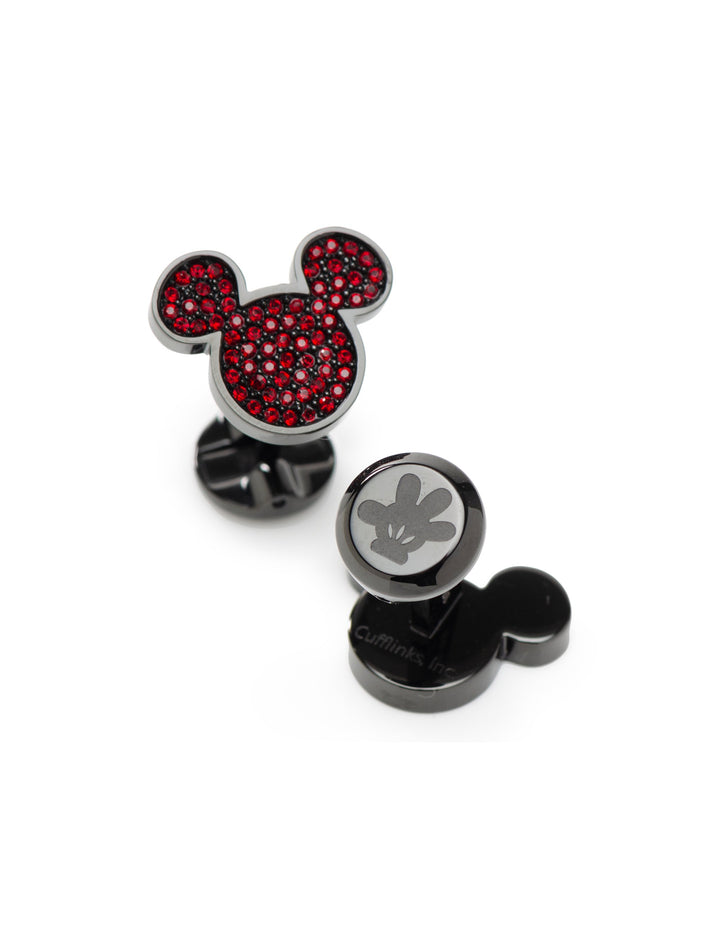 Disney Mickey Mouse Maroon Crystal Cufflinks: one stainless steel cufflink shaped like a Mickey Mouse head filled with red crystals, and one round cufflink featuring a Mickey Mouse glove icon.