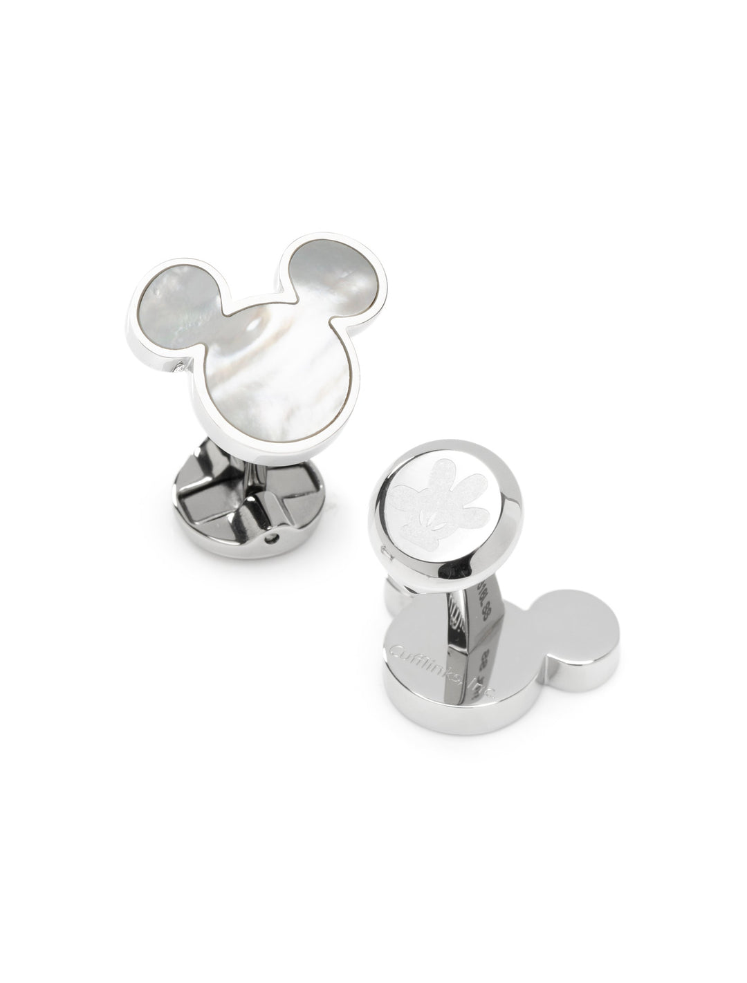 Disney Mickey Mouse Mother of Pearl Cufflinks in silver-tone featuring a Mickey Mouse head inlayed with mother-of-pearl.