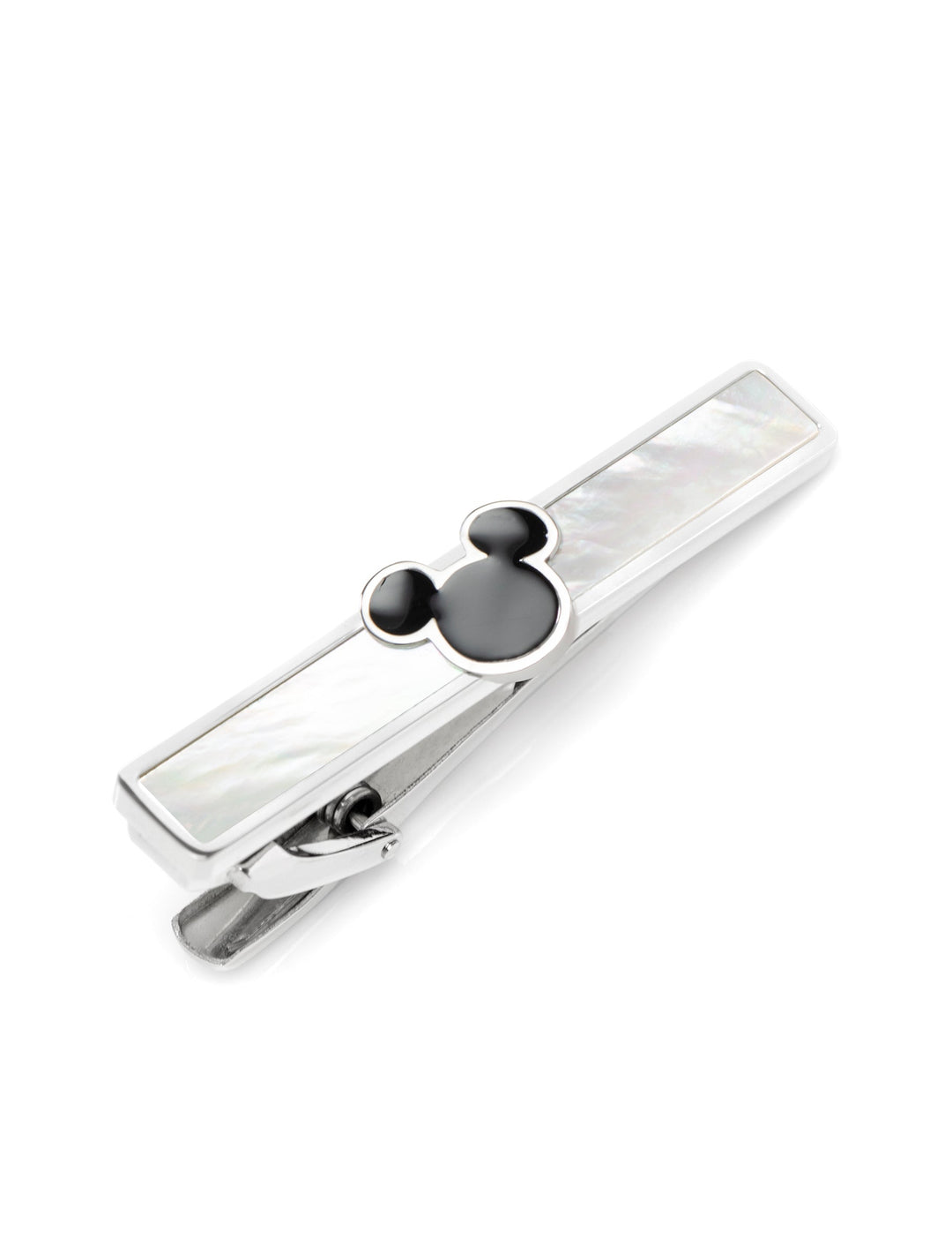 Disney Mickey Mouse Mother of Pearl Tie Clip made of sterling silver, inlaid with mother of pearl and accented with a black Mickey Mouse icon.