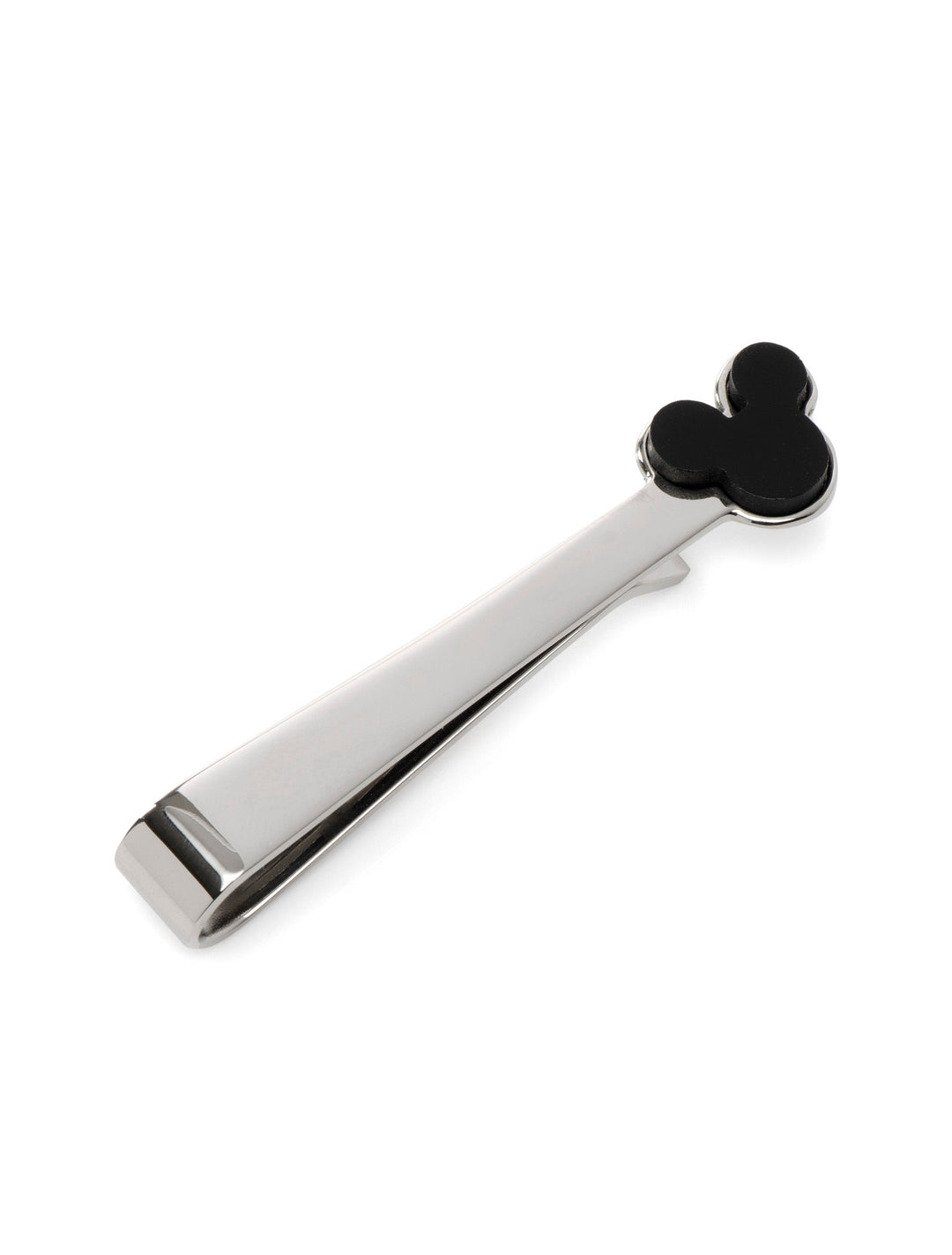 Disney Mickey Mouse Onyx Stainless Steel Tie Bar in silver featuring a black Mickey Mouse icon at the end.